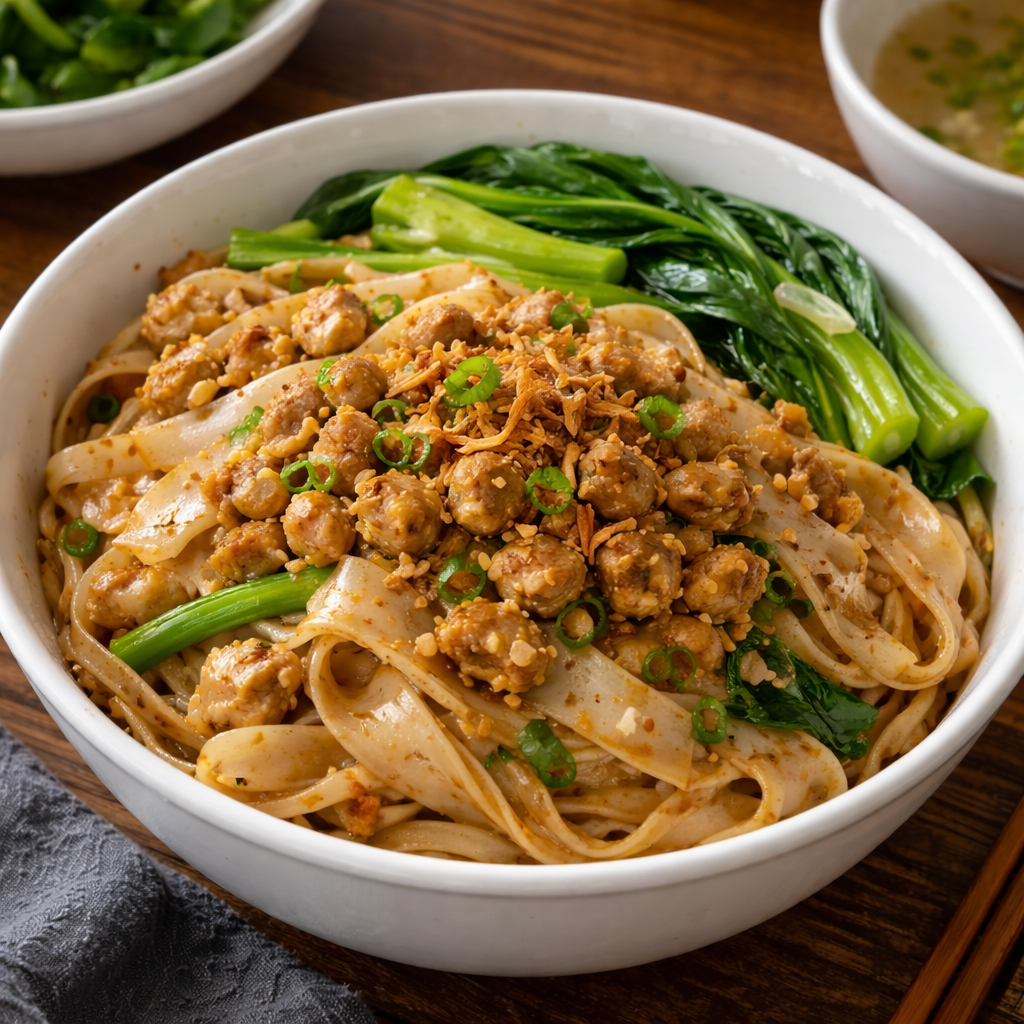Kwetiaw Ayam Biasa dengan topping ayam dan sayuran segar